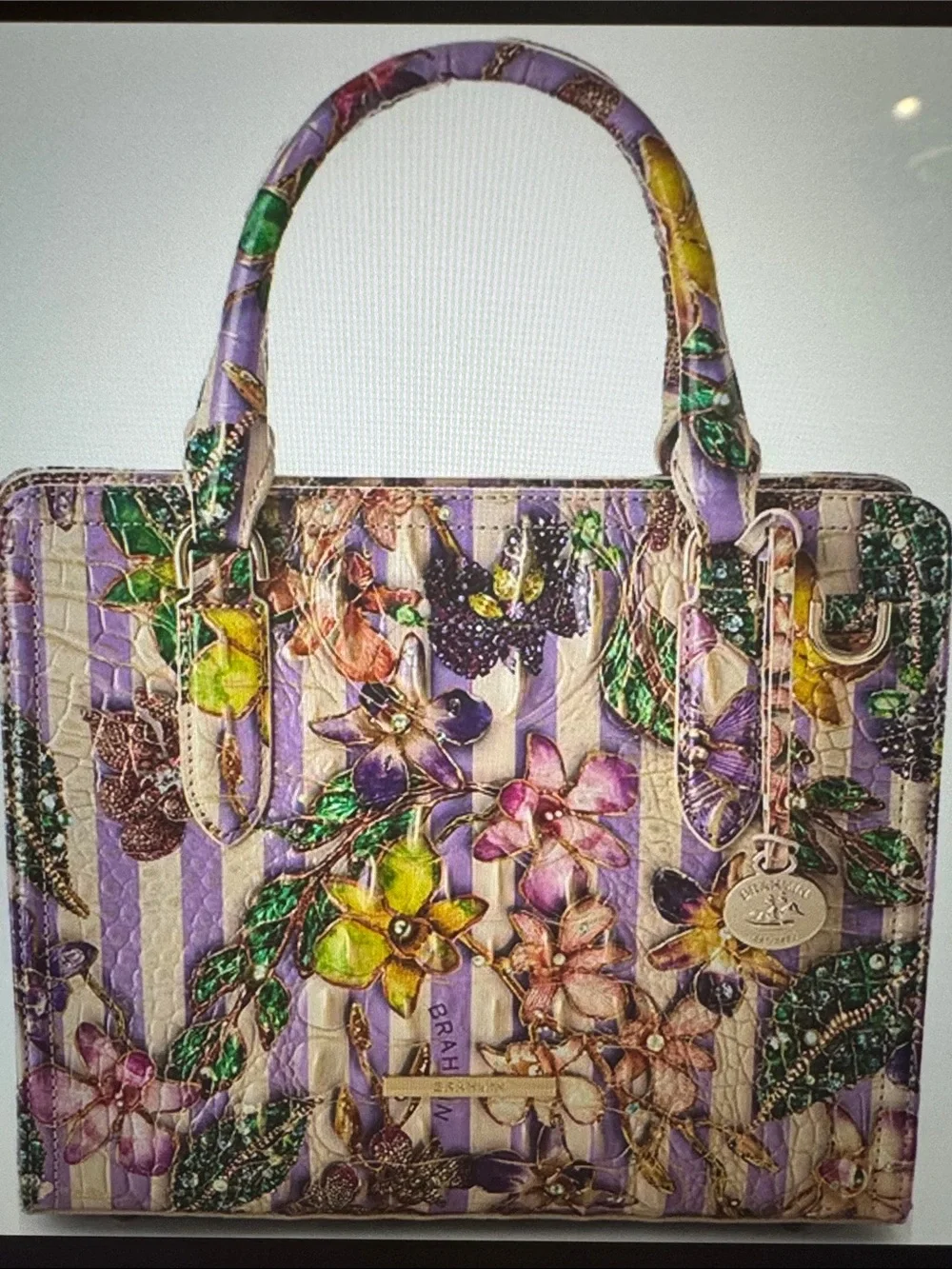 BRAHMIN Pinstripe Petals Melbourne Collection Cami Satchel Bag